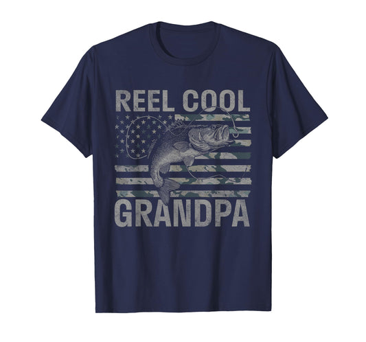Reel Cool Grandpa Camo American Flag Bass Fishing T-Shirt