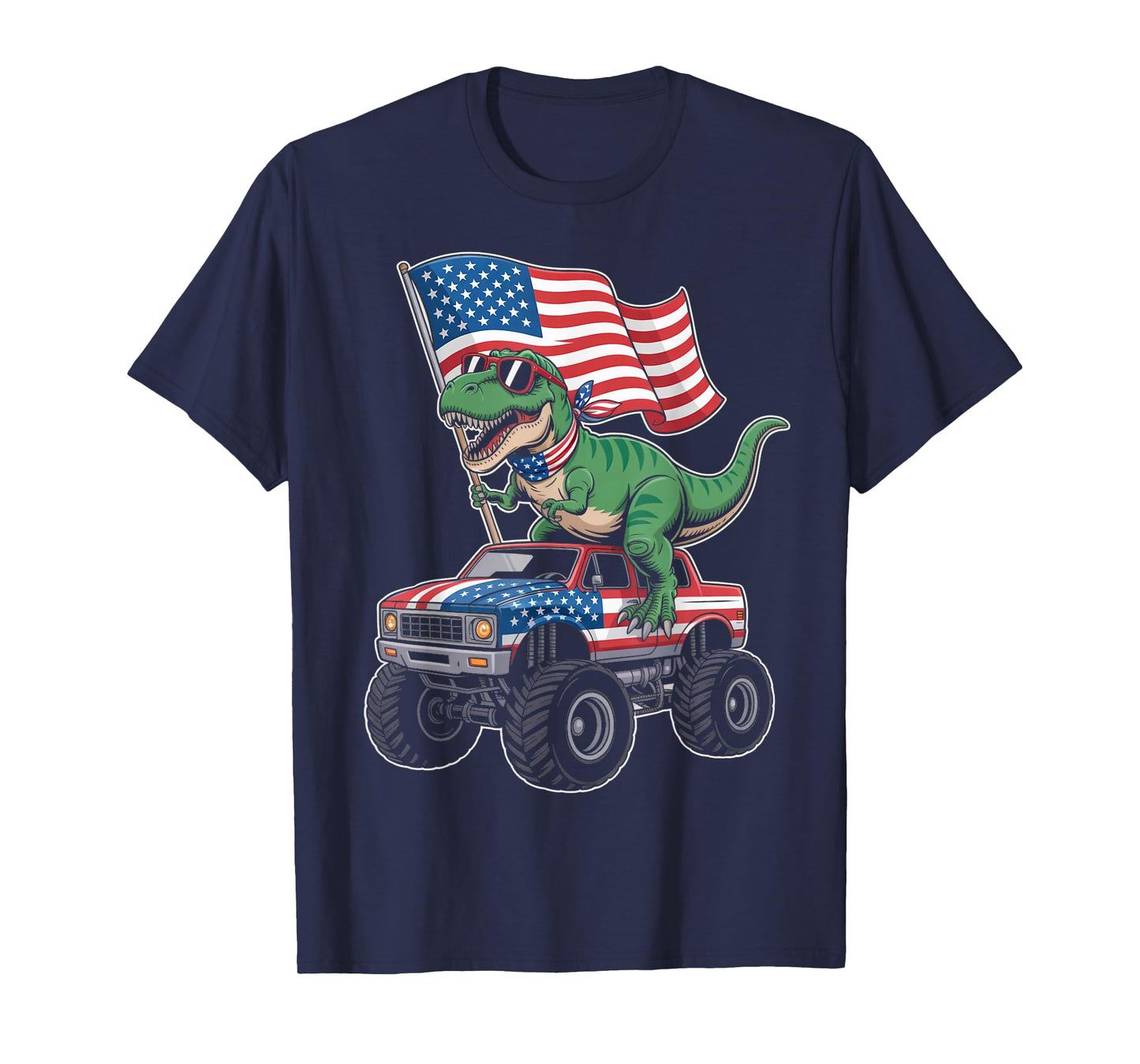 American USA Flag Dino Trex Monster Truck Dinosaur T-Shirt