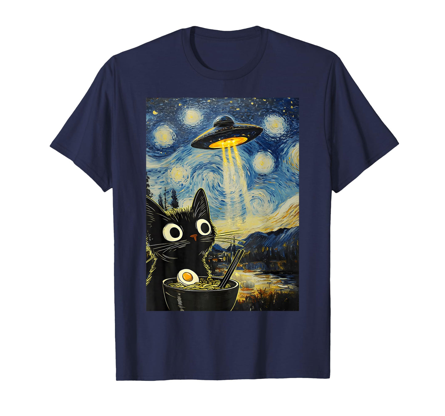 Kawaii Cat Ramen UFO Starry Night Retro Japanese Anime T-Shirt