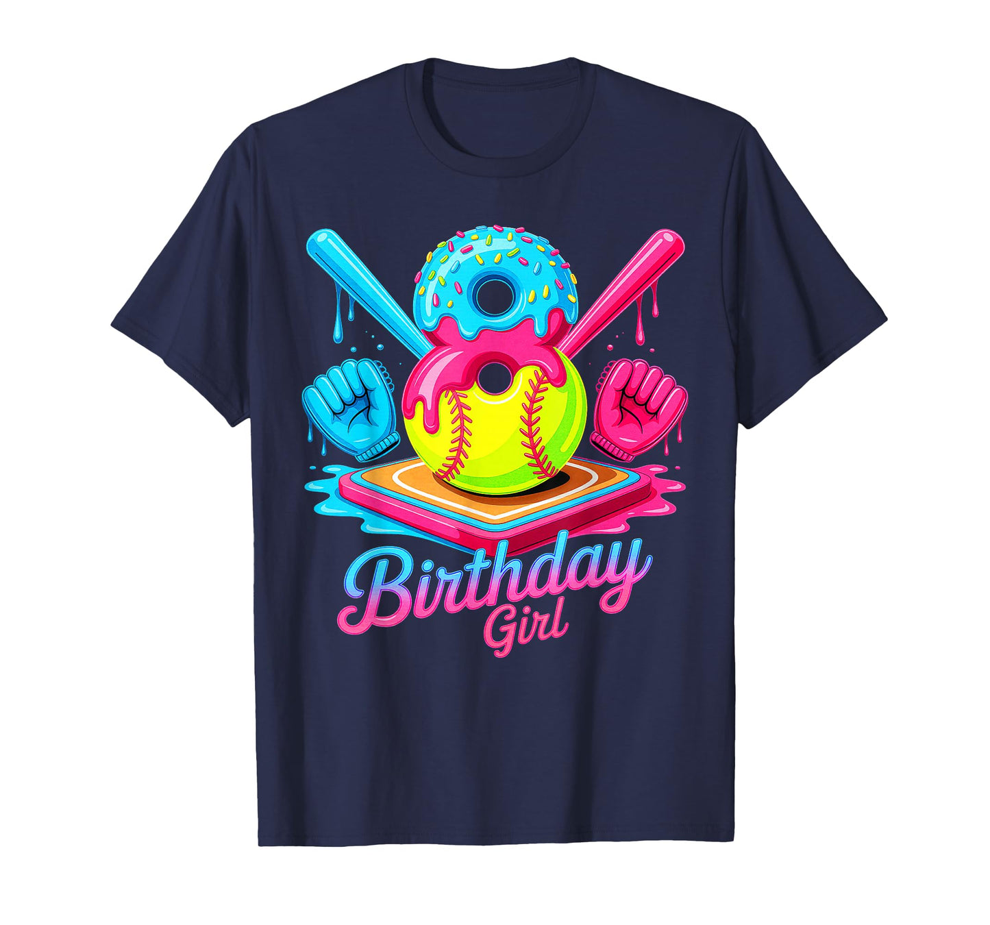 8th Birthday Softball Ice Cream Drip 8 Years Old Girls Bday T-Shirt