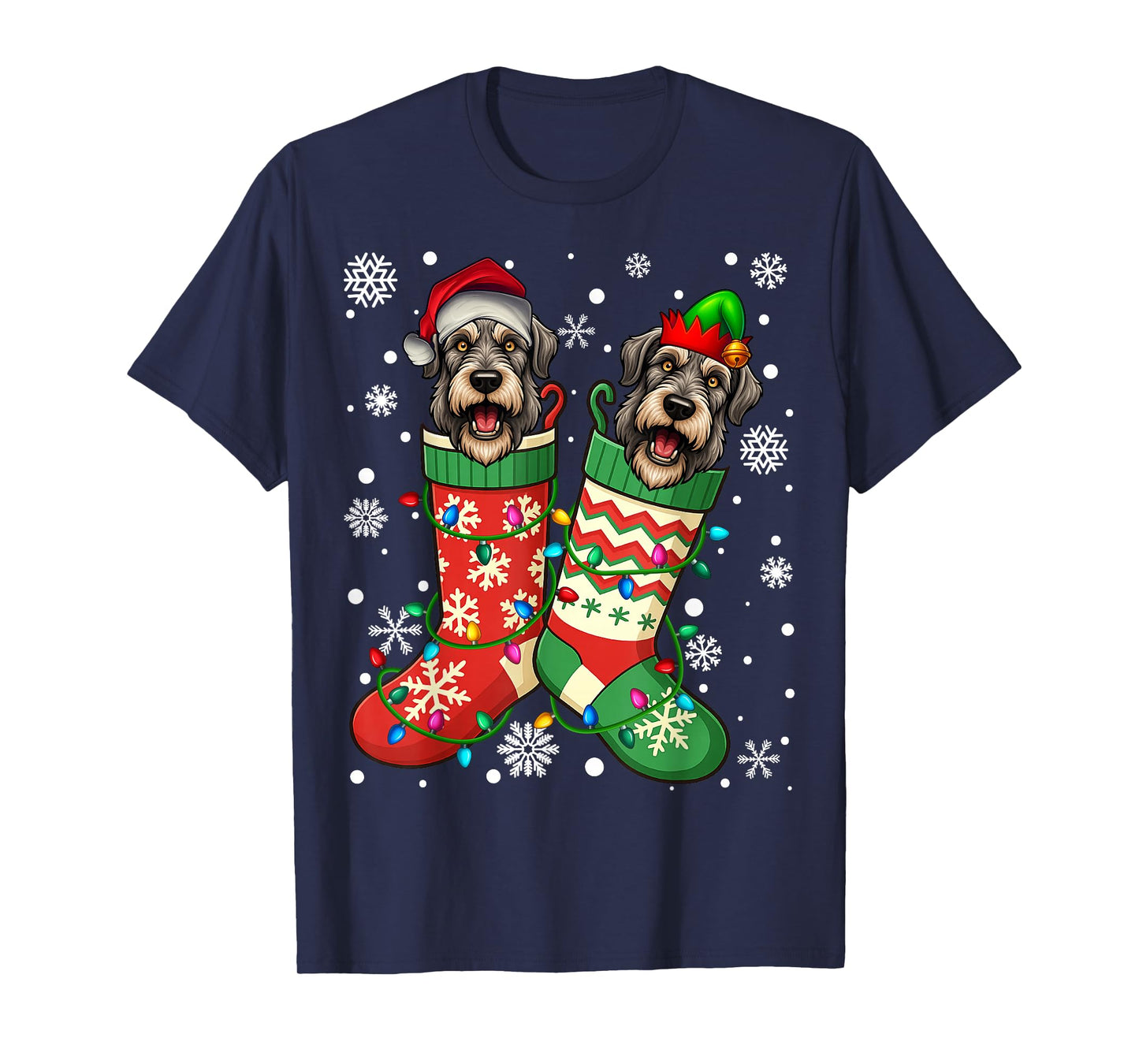 Santa ELF Irish Wolfhound Dog in Christmas Socks Men Women T-Shirt