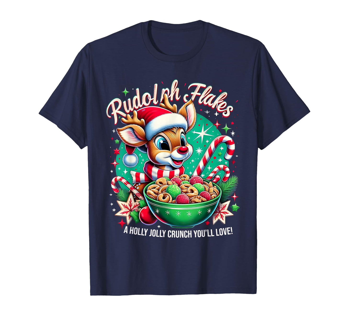 Rudolph Flakes Funny Retro Christmas Reindeer Design T-Shirt