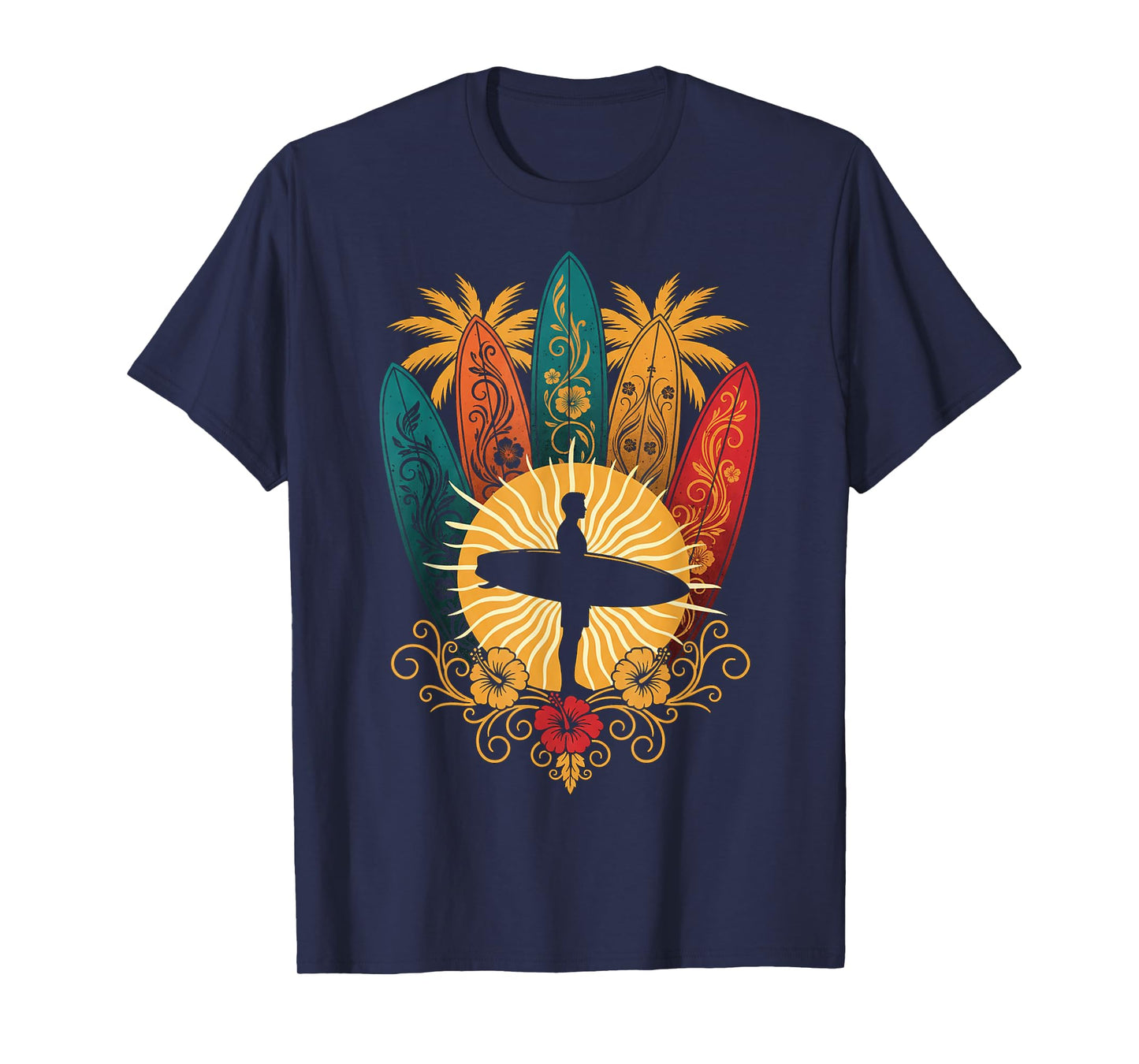 Retro Sunset Hawaii Wave Surfboard Surfer Beach T-Shirt