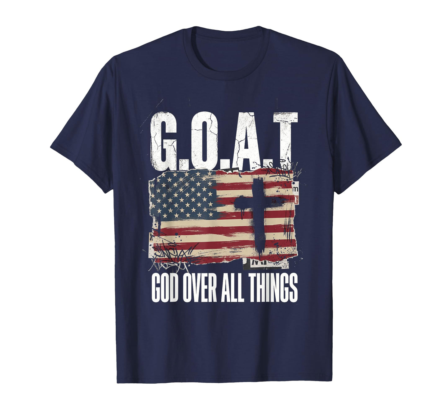 God Over All Things Goat Christian American Flag Cross T-Shirt