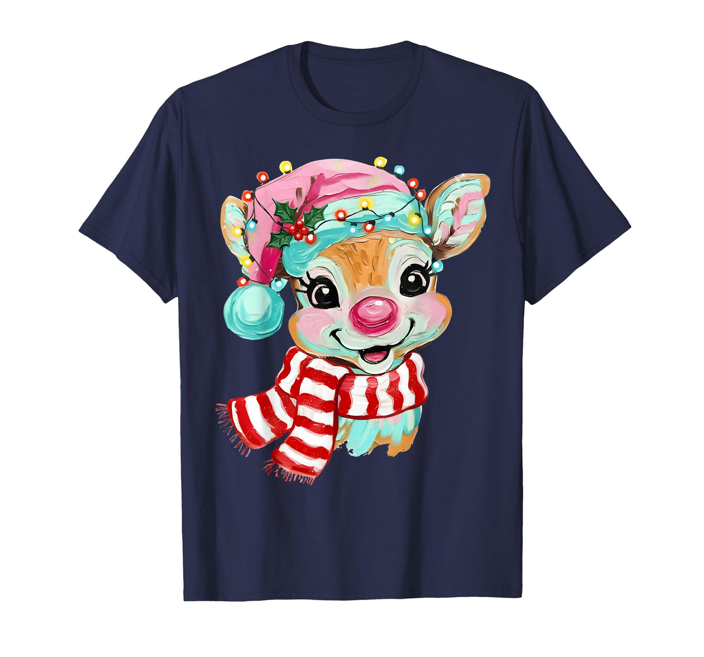 Reindeer Face Merry Christmas Girl Women Kid Painting T-Shirt