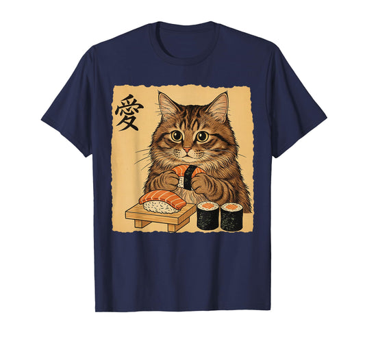 Cat Eating Sushi Funny Japanese Art Vintage Style Cat T-Shirt