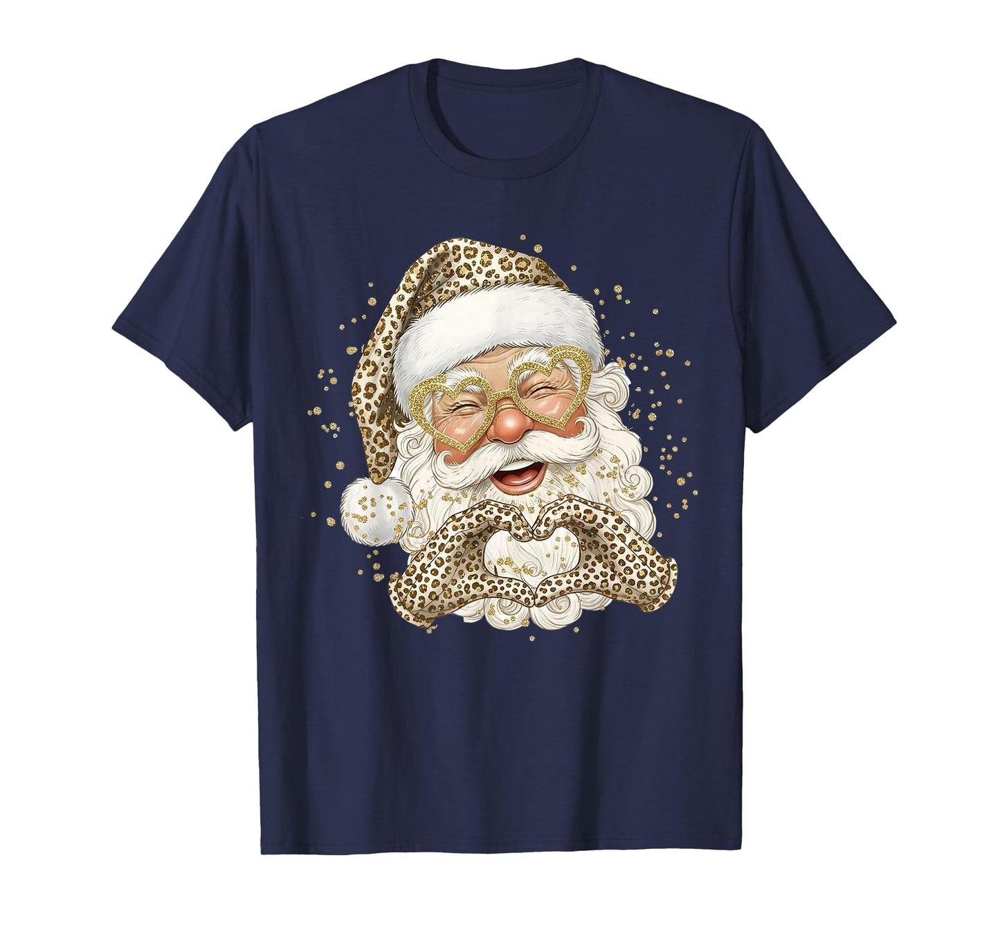 Leopard Santa with Heart Hands Glasses Christmas Holiday T-Shirt