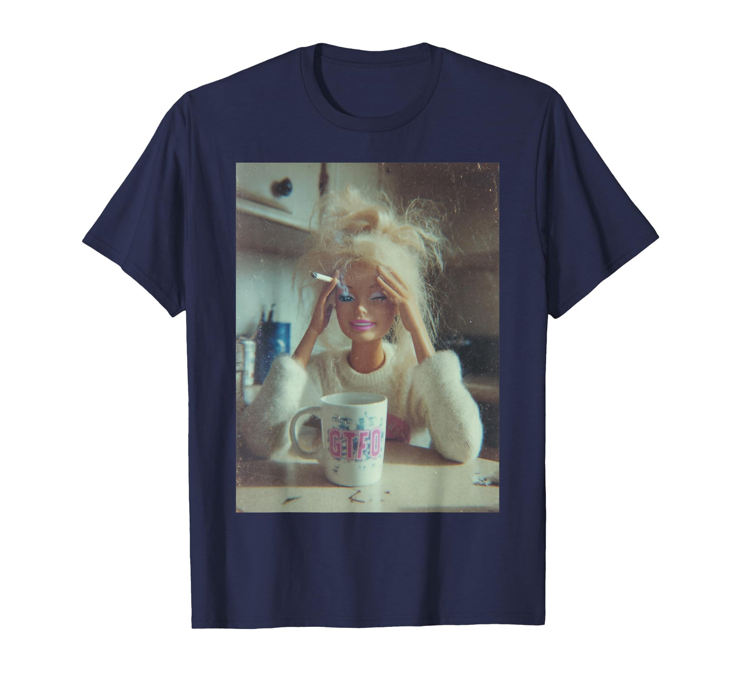 Funny Distressed Doll Face Meme Smoking Sarcastic Humor Gift T-Shirt