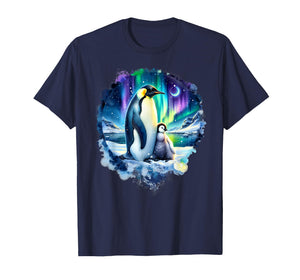 Emperor Penguin and Baby in Arctic Snow with Northern Lights T-Shirt