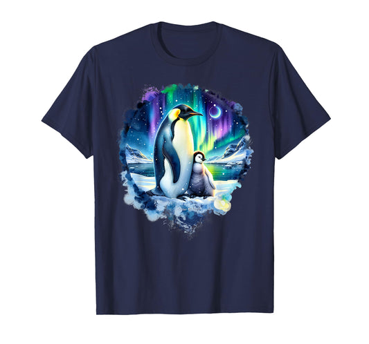 Emperor Penguin and Baby in Arctic Snow with Northern Lights T-Shirt