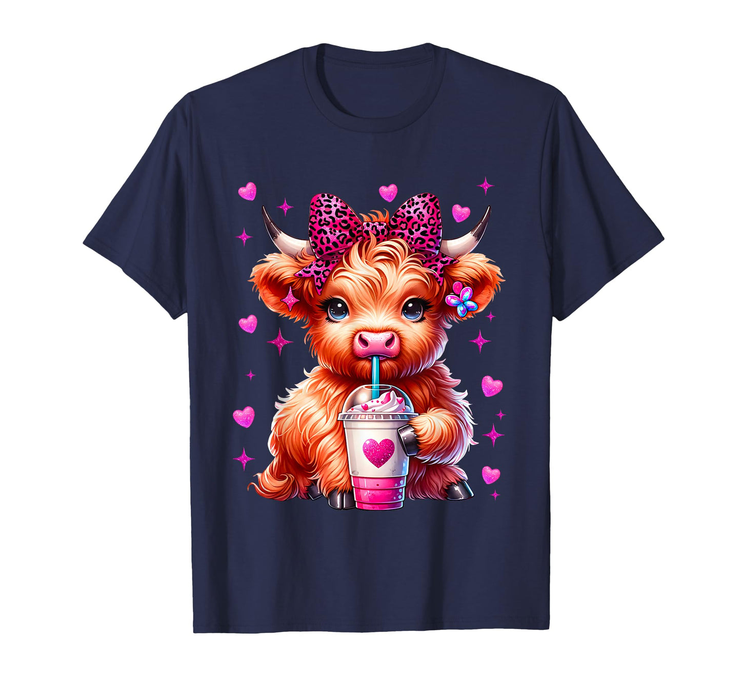 Cute Highland Cow Pink Leopard Coquette Outfit Women Girl T-Shirt