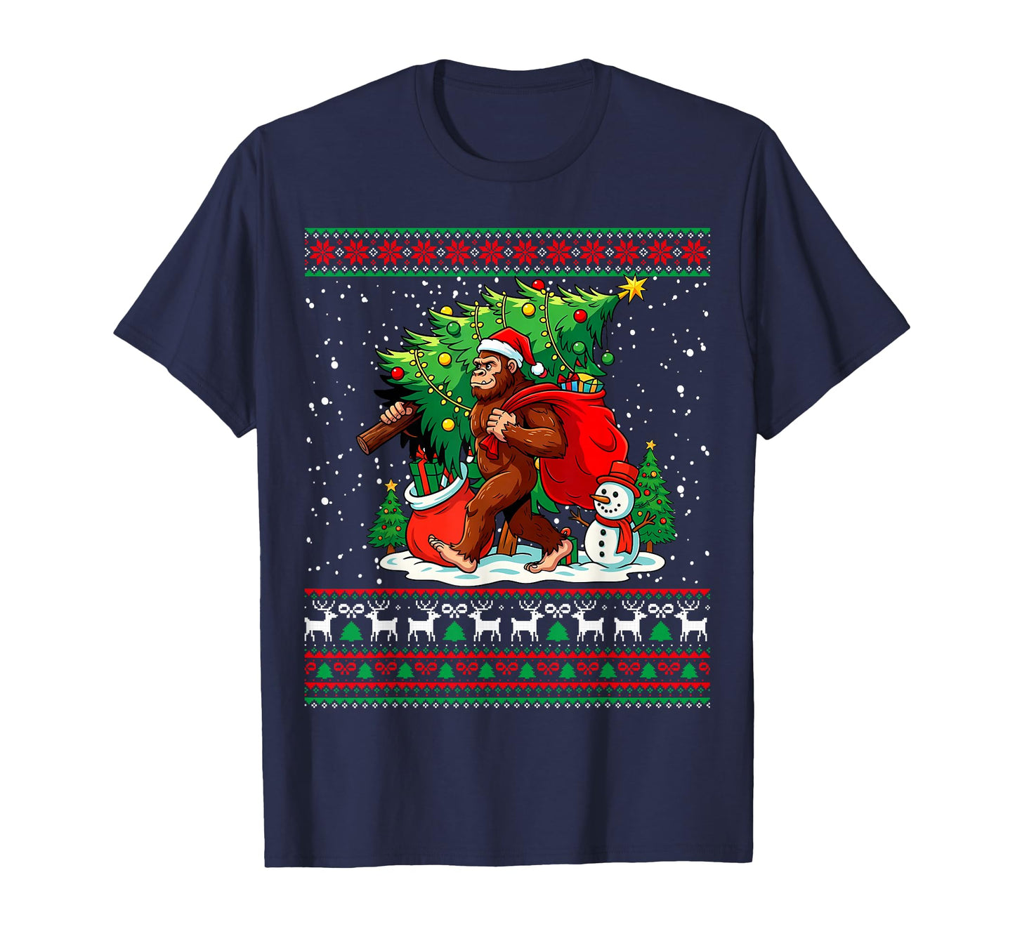 Santa Bigfoot Christmas Tree Xmas Lights Funny Sasquatch T-Shirt