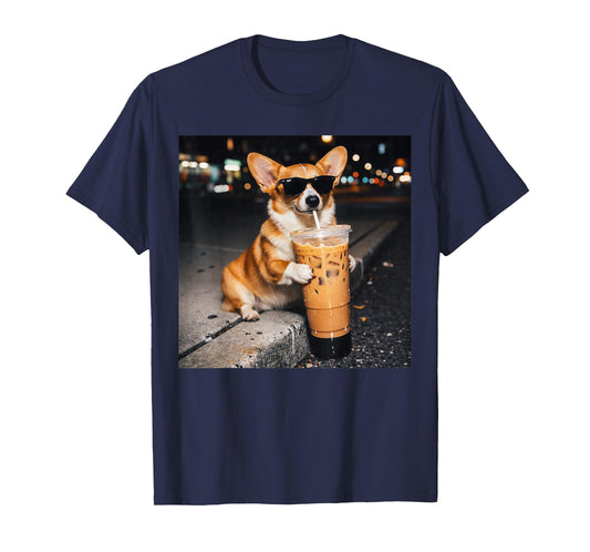 Dog Corgi Drinking Iced Coffee Funny Animal Meme Men Women T-Shirt