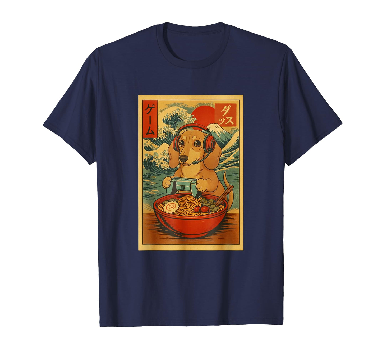 Dachshund Gaming Ramen Japanese Ukiyo-e Great Wave Retro Art T-Shirt