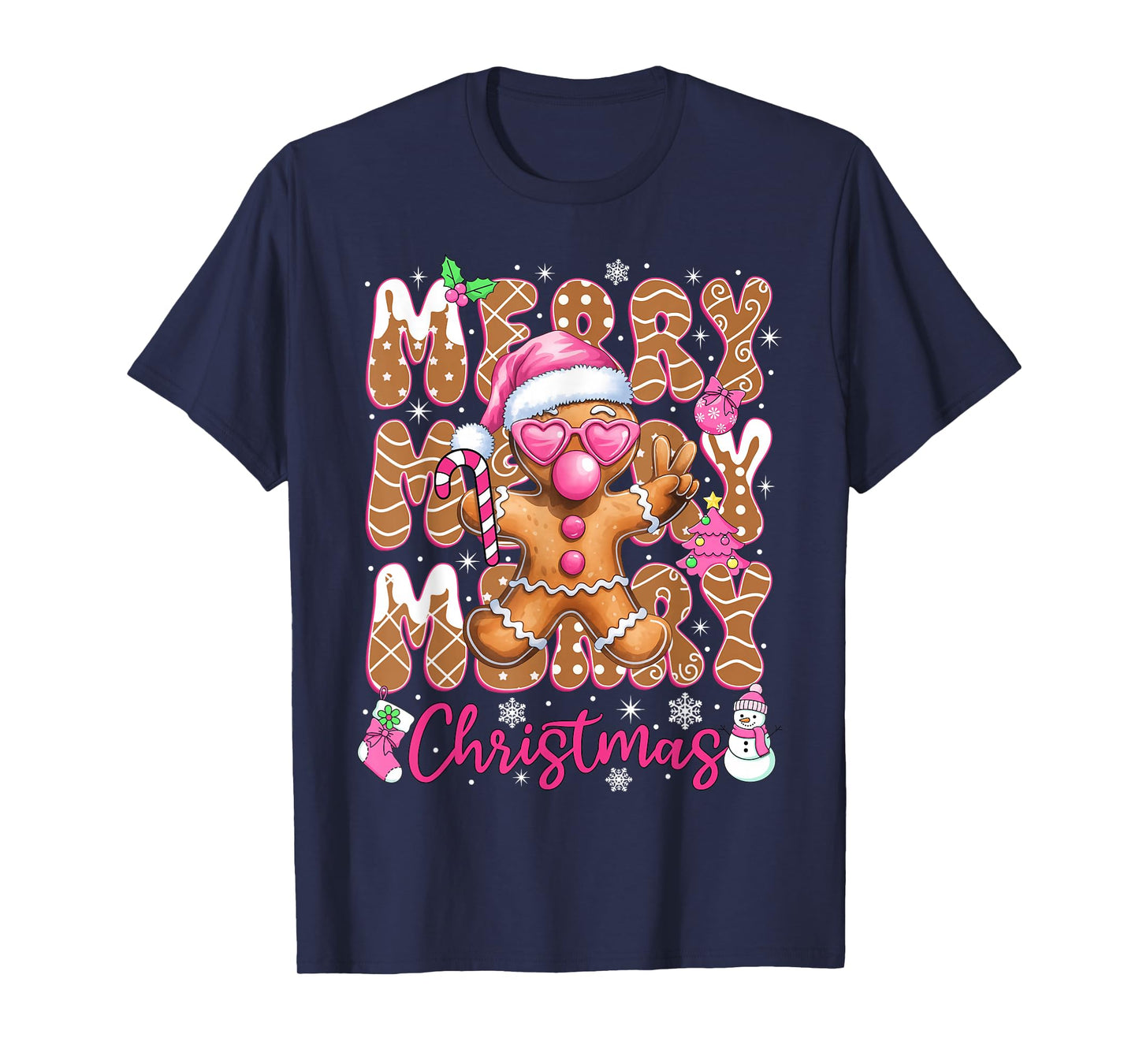 Gingerbread Merry Christmas Cute Pink Christmas Women Girls T-Shirt