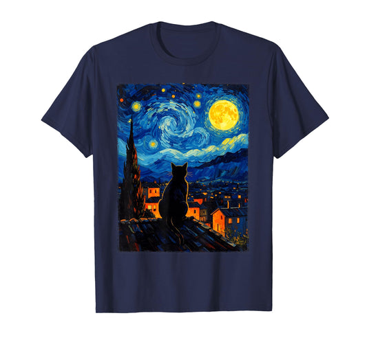 Van Gogh Starry Night Black Cat,Cat Mom, Cat Dad T-Shirt