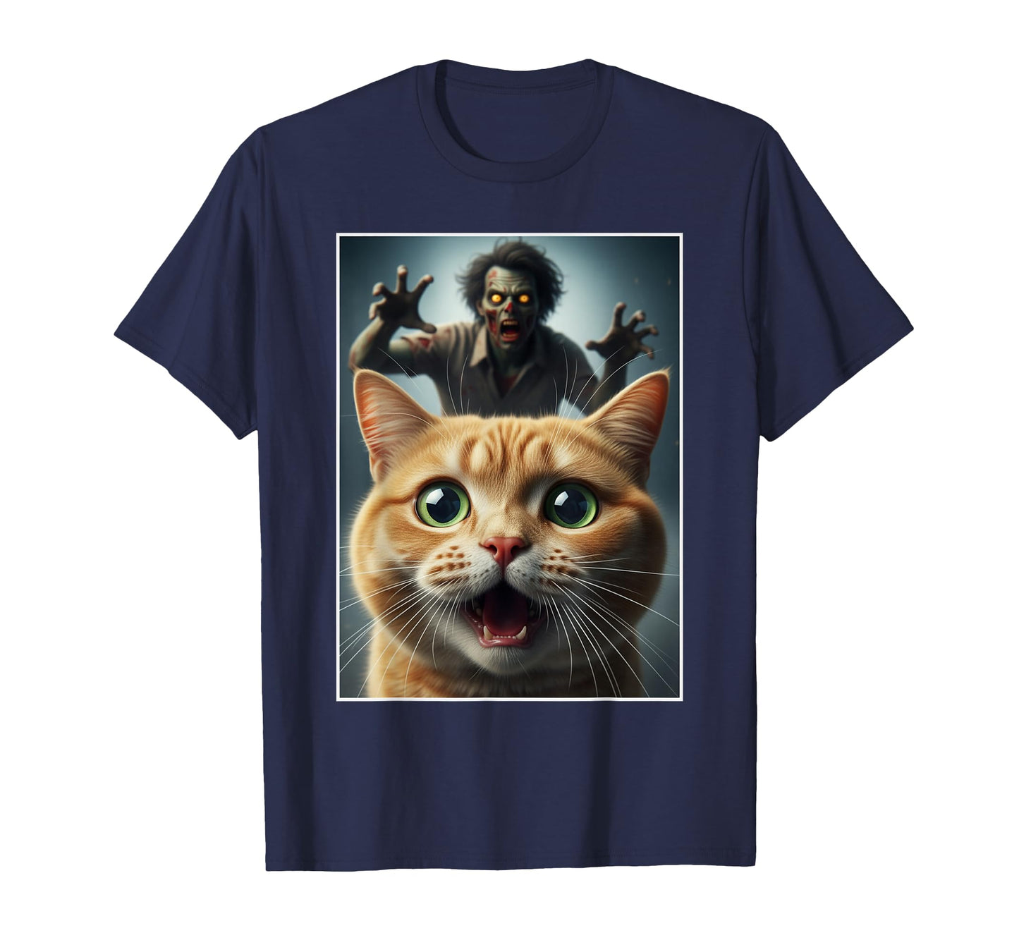 Orange Cat Selfie with Zombie Funny Pet Owner Graphic T-Shirt