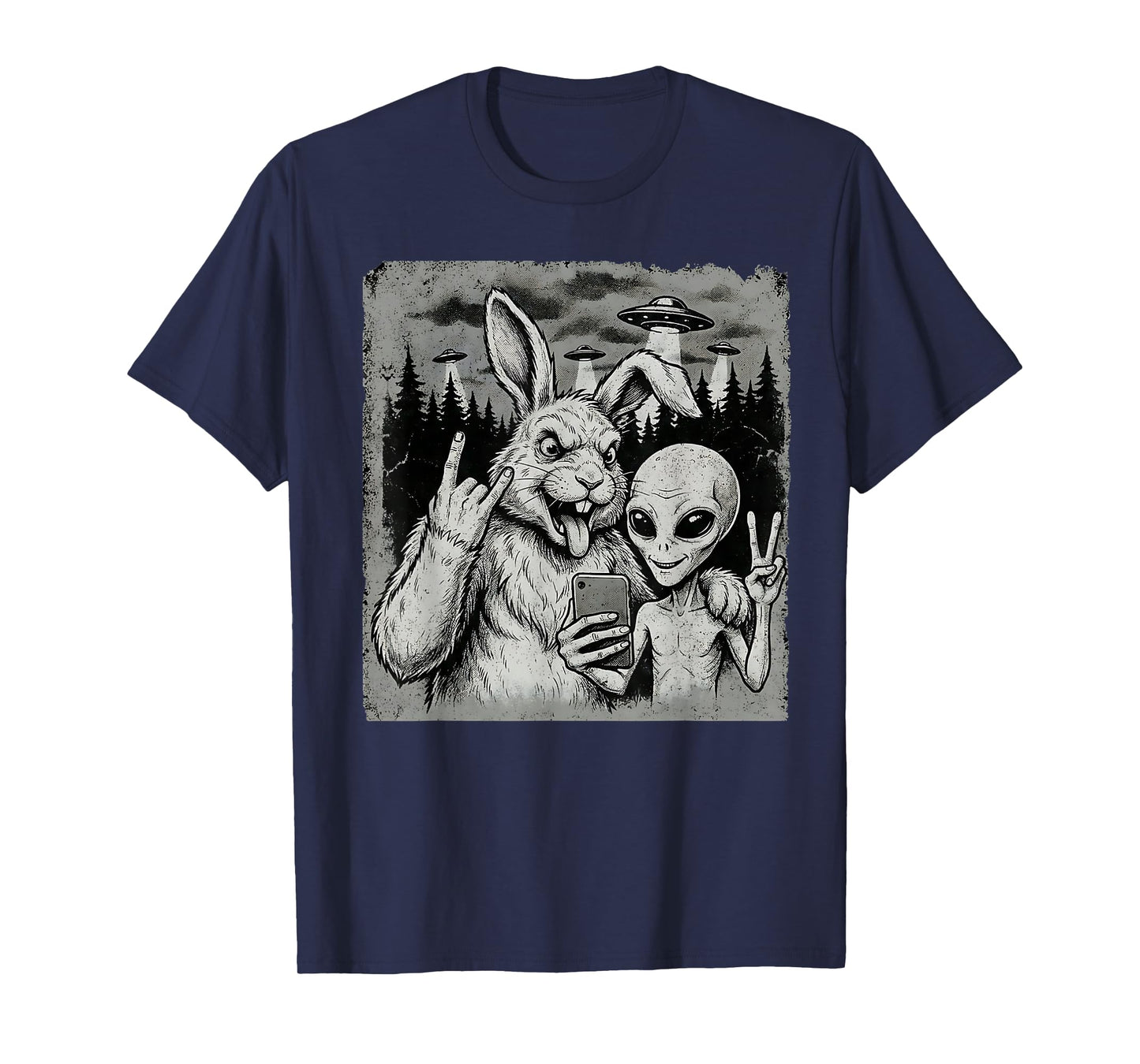 Funny Rabbit and Alien Rock On Hand Sign UFO Selfie T-Shirt