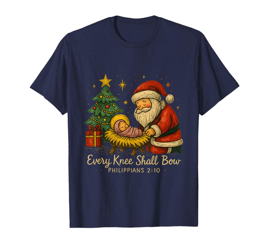 Santa Kneels at Manger – Every Knee Shall Bow Verse T-Shirt