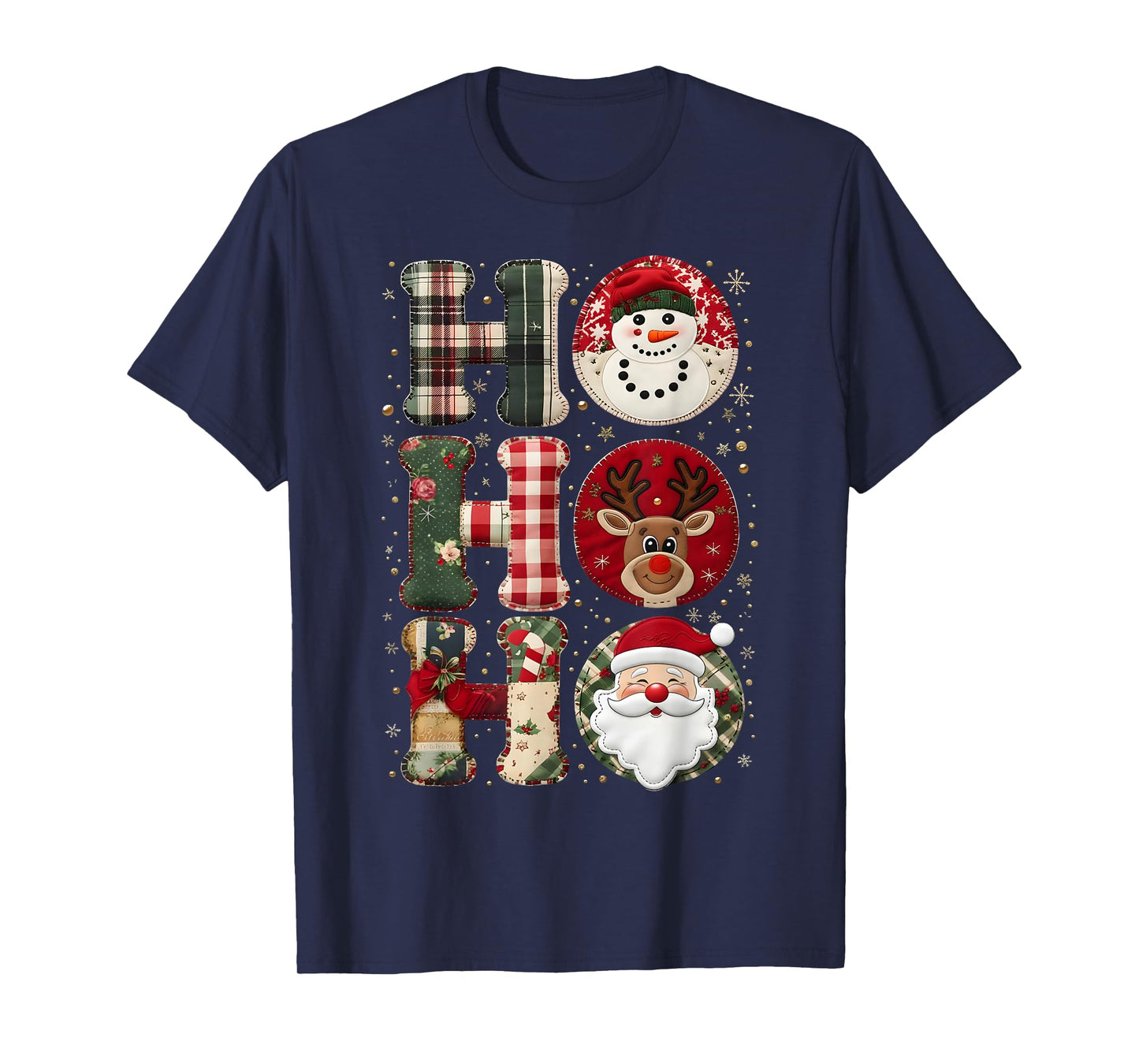 HoHoHo Patchwork Christmas Santa Reindeer Art T-Shirt