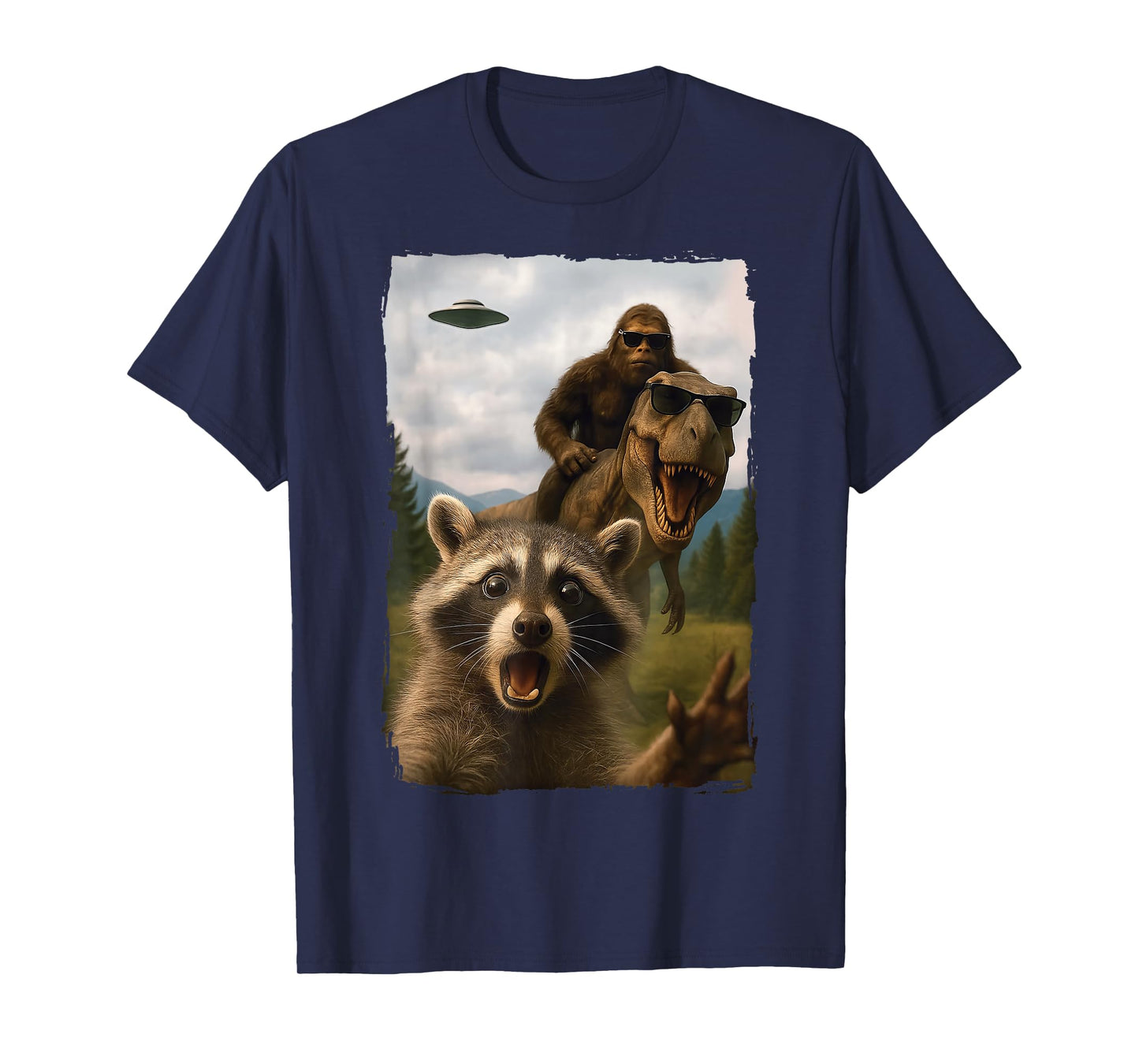 Raccoon Bigfoot T-Rex UFO Selfie T-Shirt