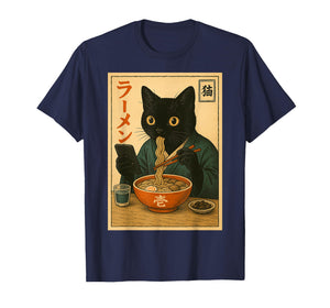 Funny Black Cat Eat Ramen Japan Japanese Outfit Men Women T-Shirt