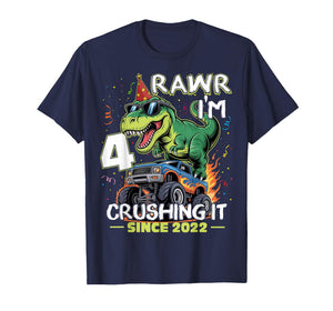4th Birthday Monster Truck Dinosaur 4 Years Old Birthday Boy T-Shirt