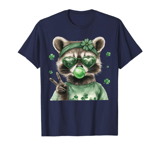 Raccoon Blowing Bubblegum Irish Shamrock St. Patricks Day T-Shirt