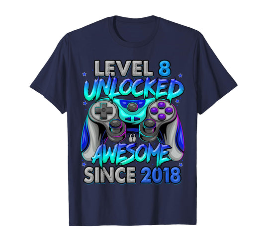 Level 8 Unlocked Awesome Since 2018 8th Birthday Gaming T-Shirt