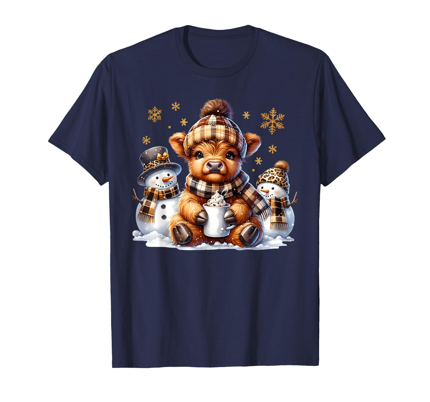 Funny Xmas Merry Cows Cute Highland Cow Christmas Snowman T-Shirt