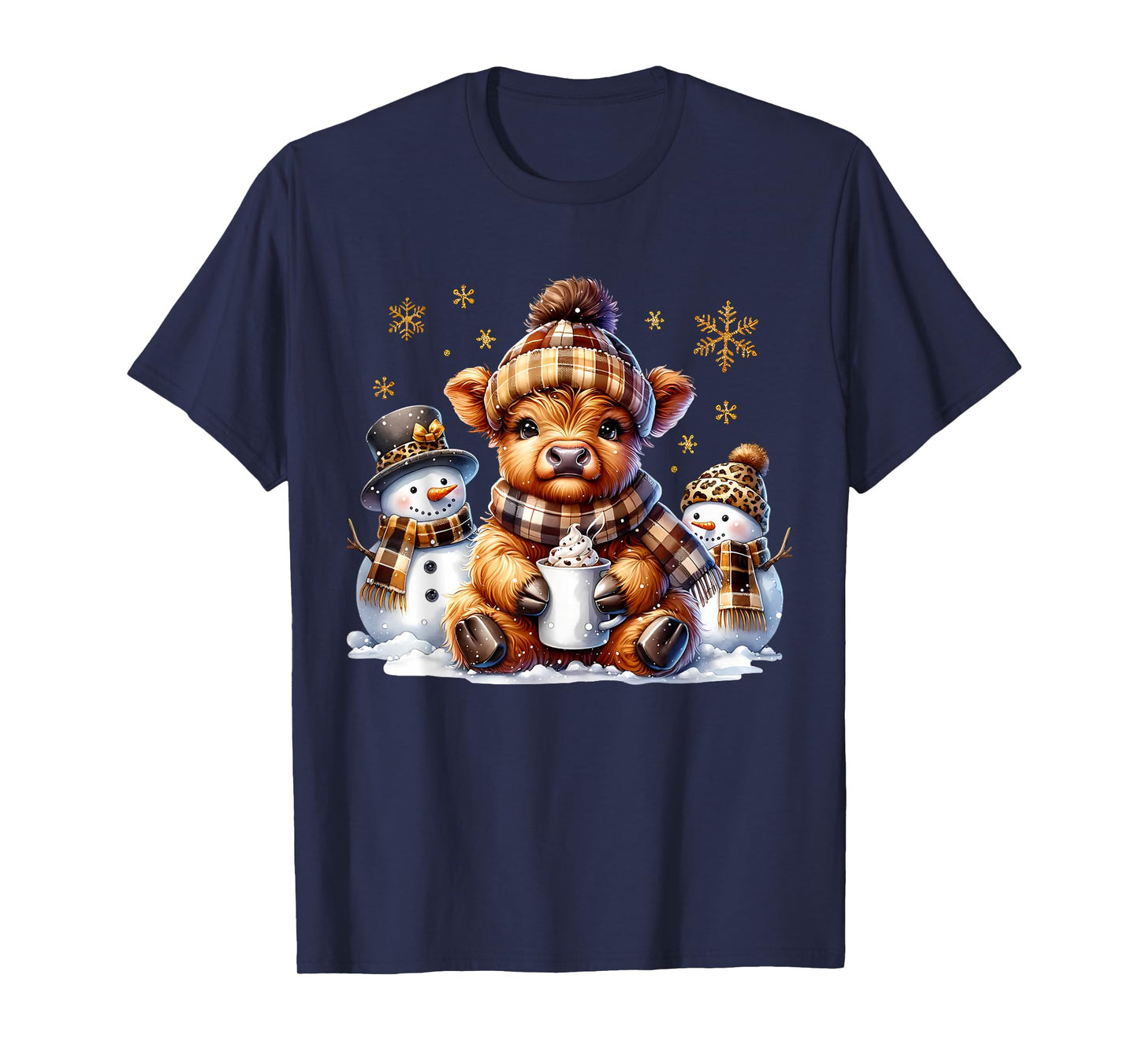 Highland Cow Snowman Coffee Brown Plaid Christmas Family Kid T-Shirt
