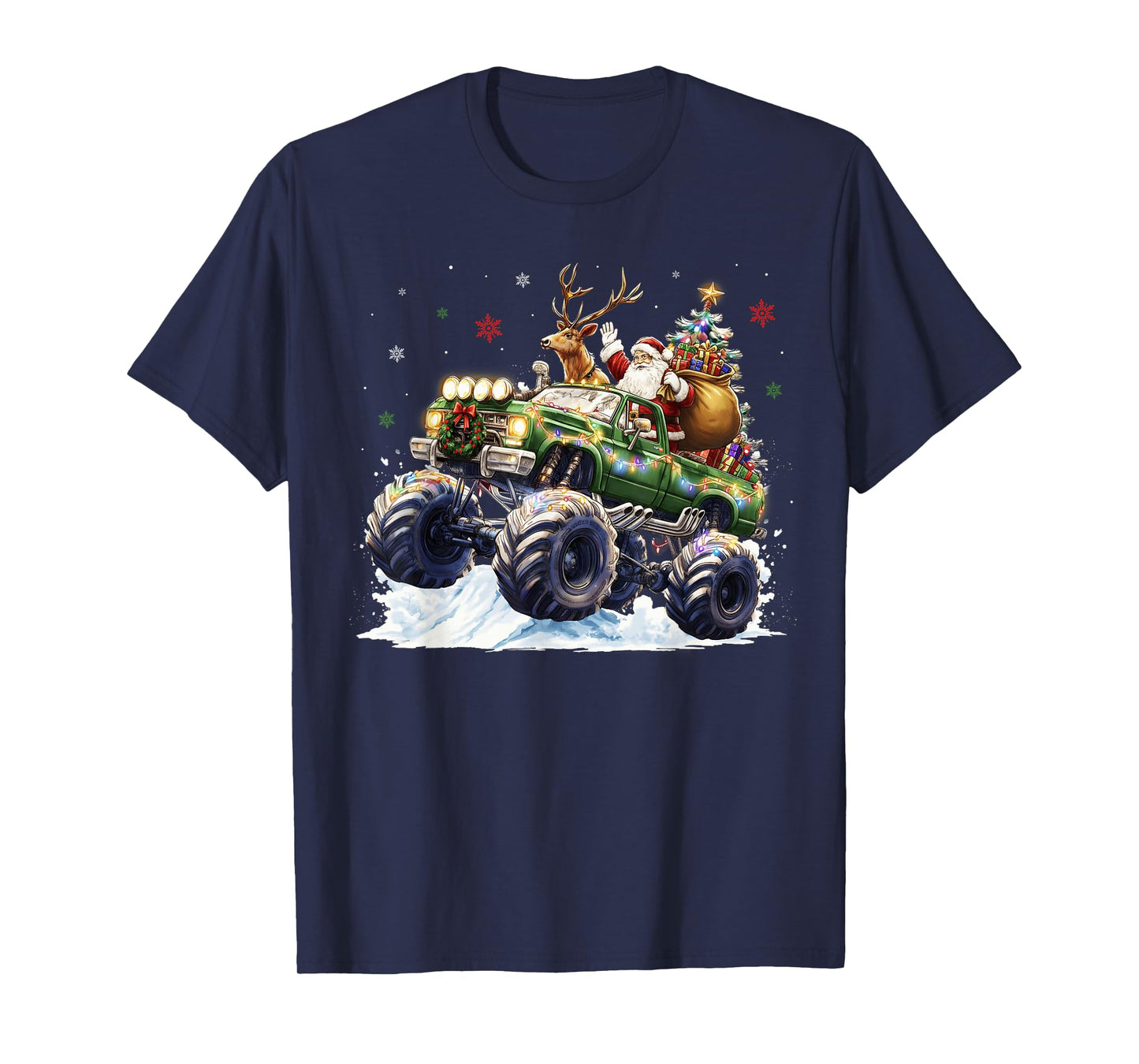 Reindeer Santa Riding Monster Truck Christmas Tree Men Boy T-Shirt