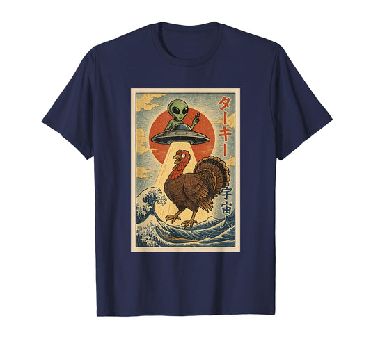 Alien Turkey UFO Abduction Retro Japanese Wave Thanksgiving T-Shirt