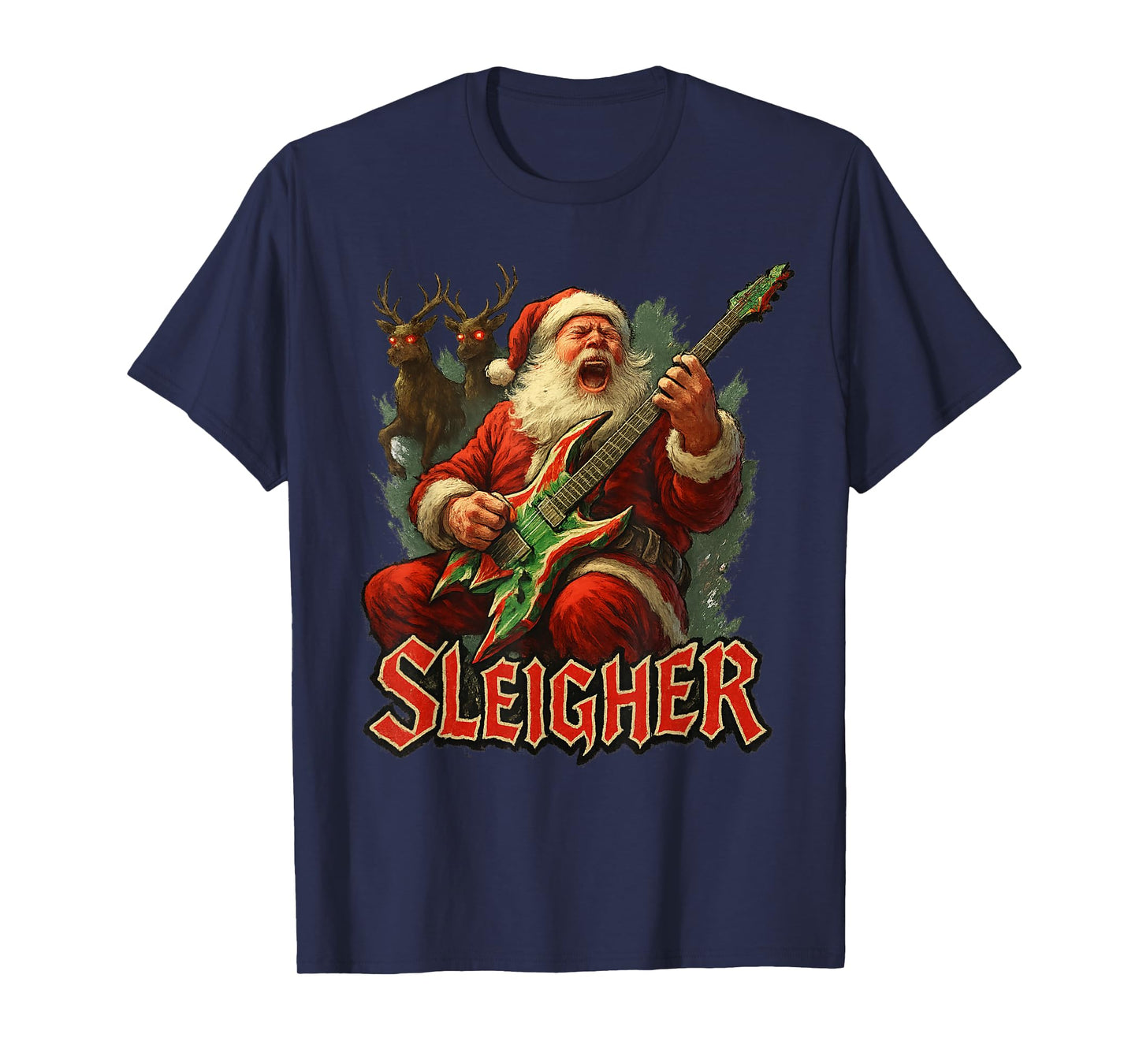 Funny Santa Clause Guitar Sleigher Metal Christmas Rocker T-Shirt