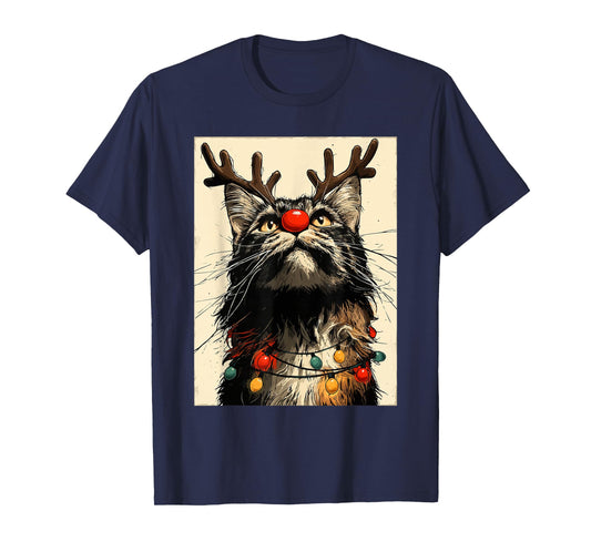 Funny Christmas Maine Coon Cat Holiday Lights Festive Animal T-Shirt