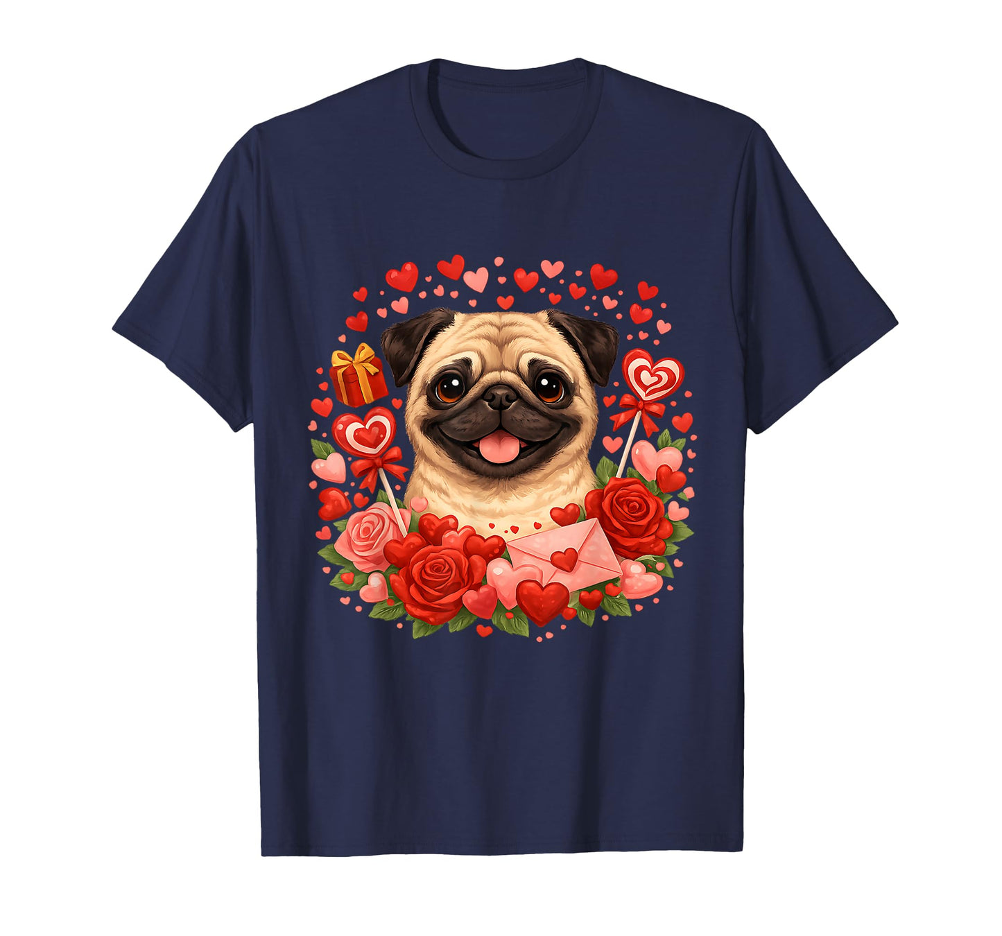 Cute Pug Valentine Day Hearts Roses T-Shirt