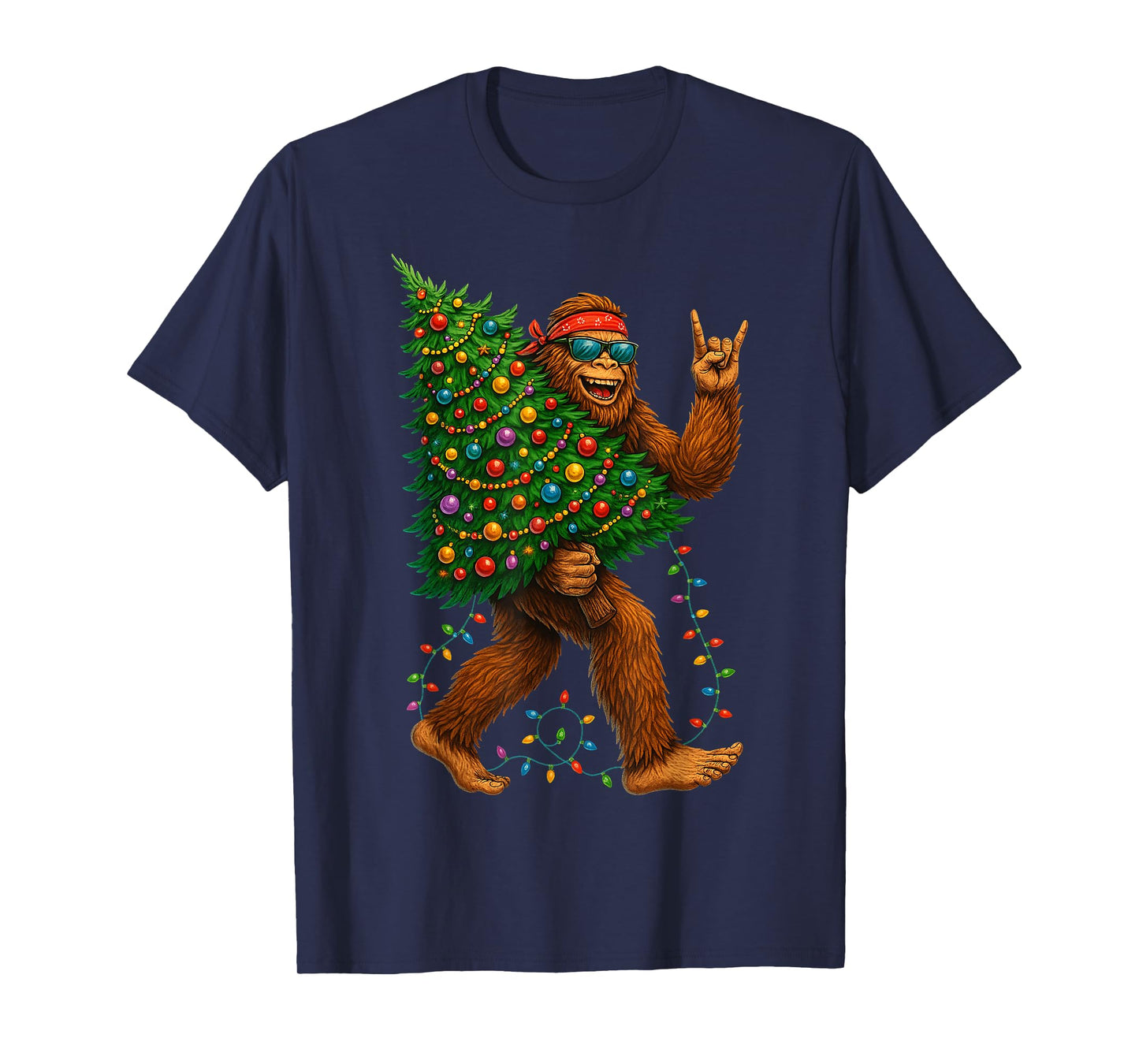 Rockin Christmas Bigfoot Carrying Tree Fun Xmas Rock n Roll T-Shirt