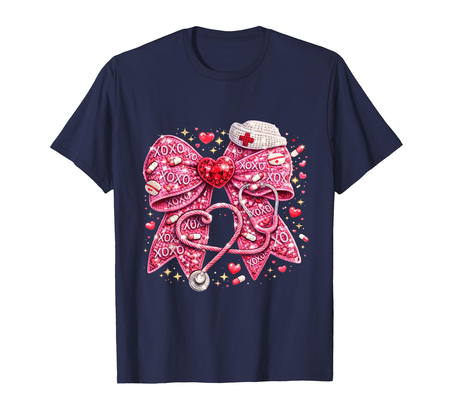 Sparkly Nurse Valentine Bow Design Cute Medical Love Art T-Shirt