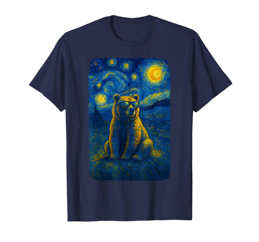 Bear Starry Funny Night Grizzly Bear in Sunglasses Van Gogh T-Shirt