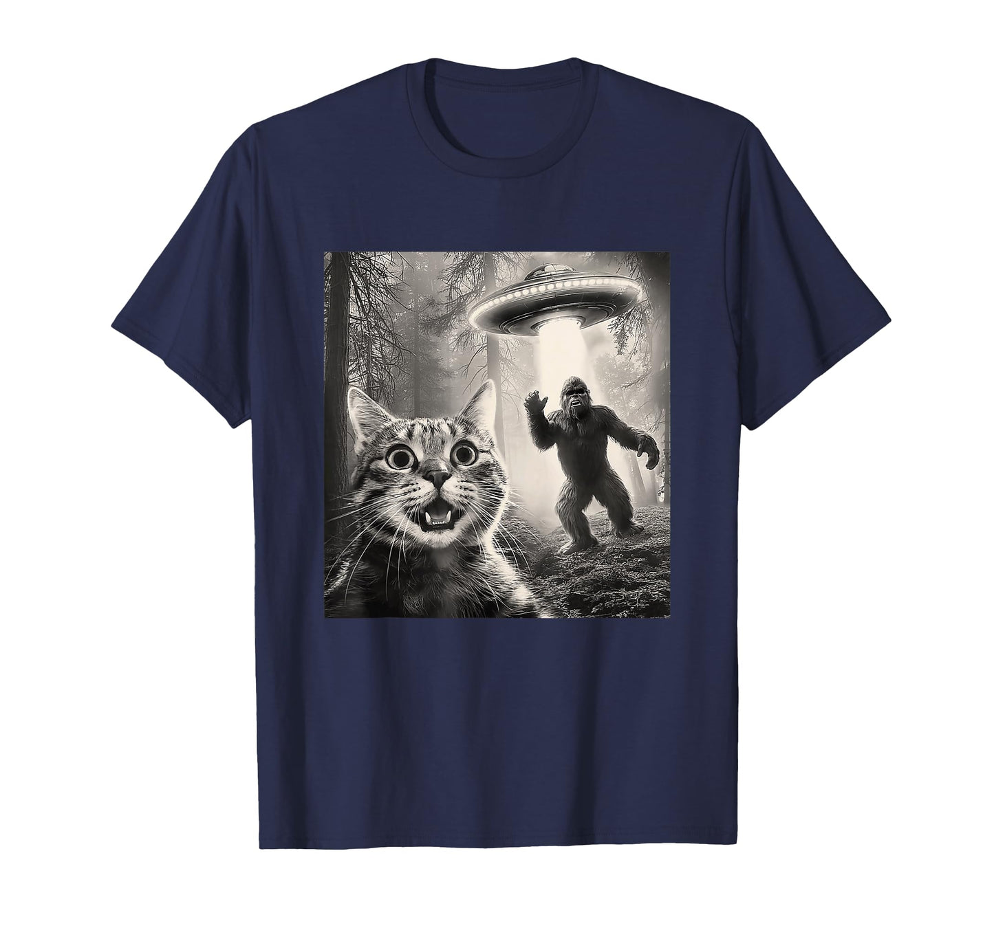 Cat Selfie Forest Trees Alien UFO Bigfoot Humor Sasquatch T-Shirt