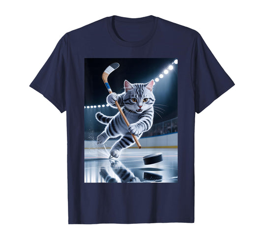 Cat Playing Hockey Skate Puck Tabby Sport Champion T-Shirt