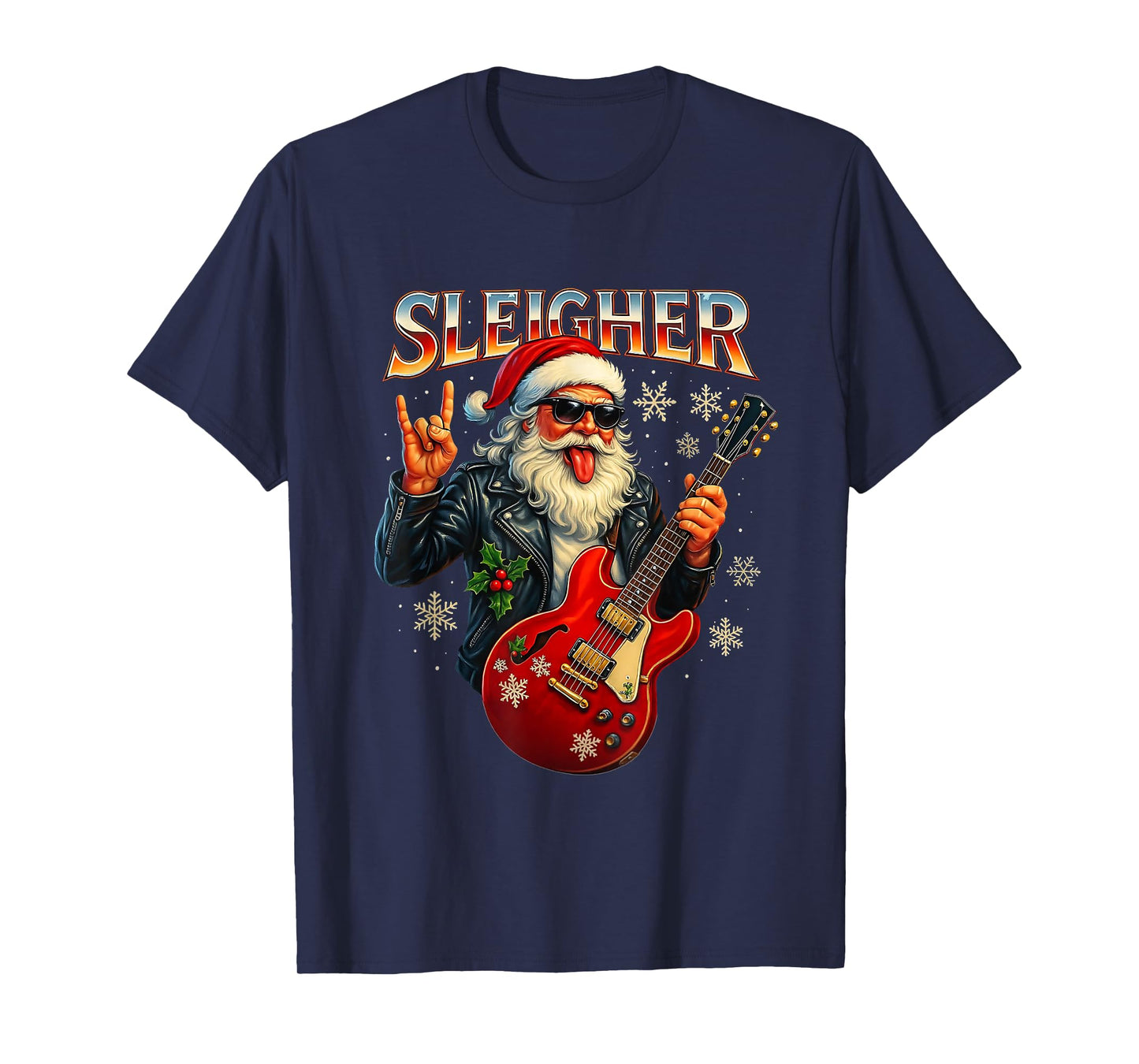 Sleigher Rock Santa Funny Metal Christmas Design T-Shirt