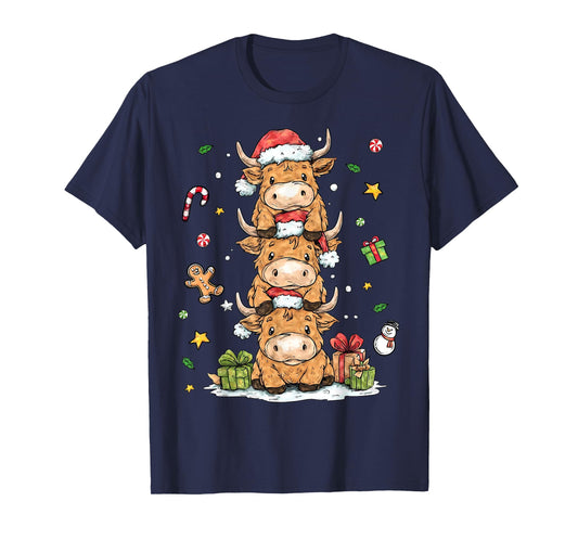 Cute Highland Cow Christmas Trees Santa Xmas Tree Pajamas T-Shirt