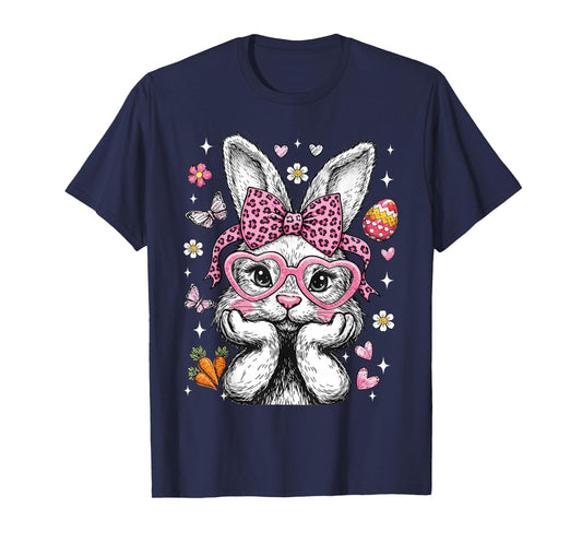 Cute Bunny Rabbit Face Leopard Coquette Bow Easter Girl Kids T-Shirt