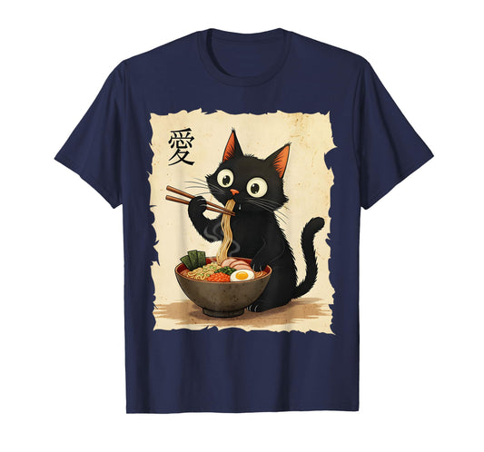 Cute Anime Cat Eating Ramen Japanese Noodle Graphic Art T-Shirt