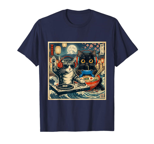 Dj Cat Vintage Style Music Black Cat Anime Ramen Japanese T-Shirt