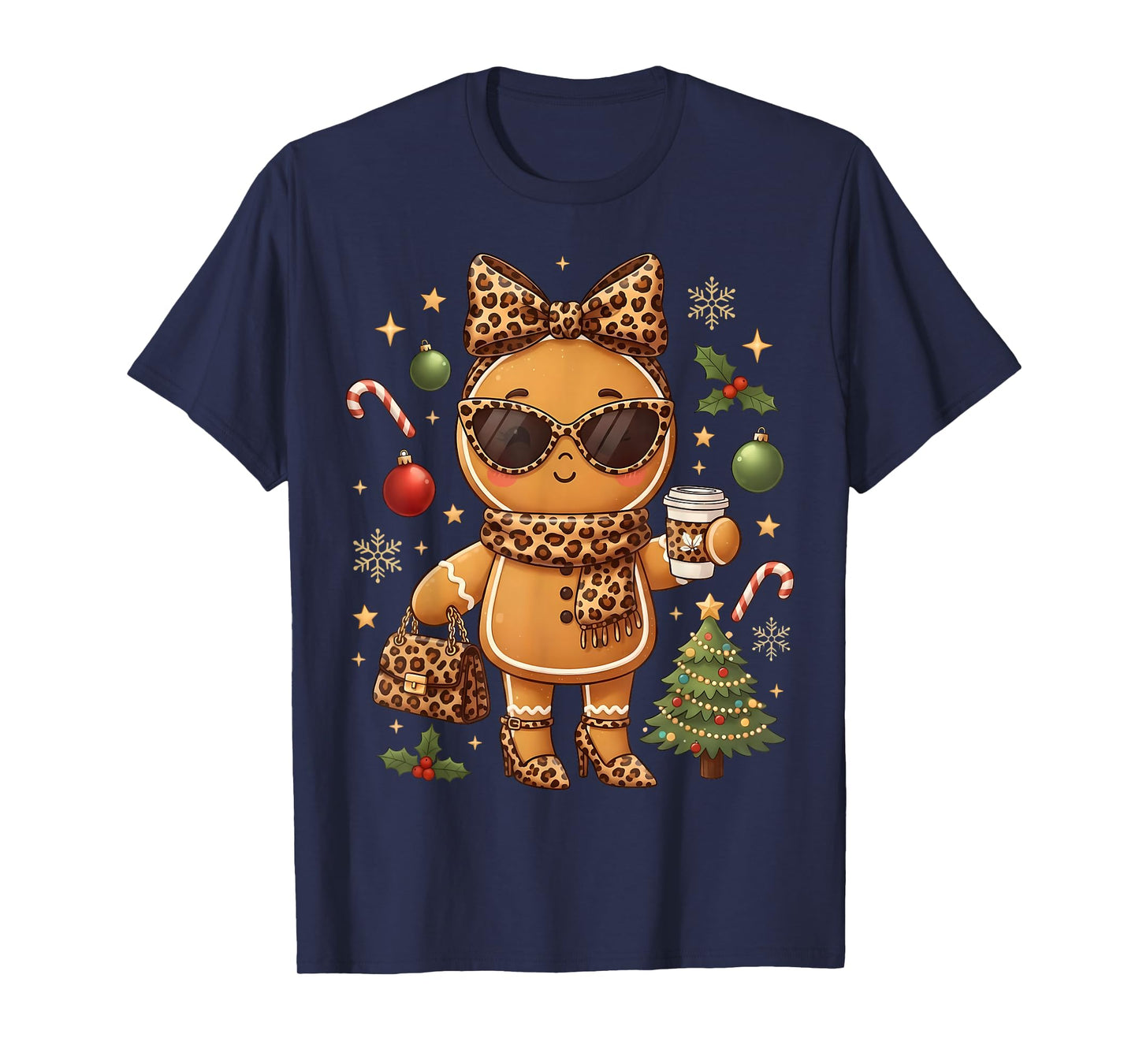 Cute Gingerbread Leopard Christmas Xmas Girl Women T-Shirt