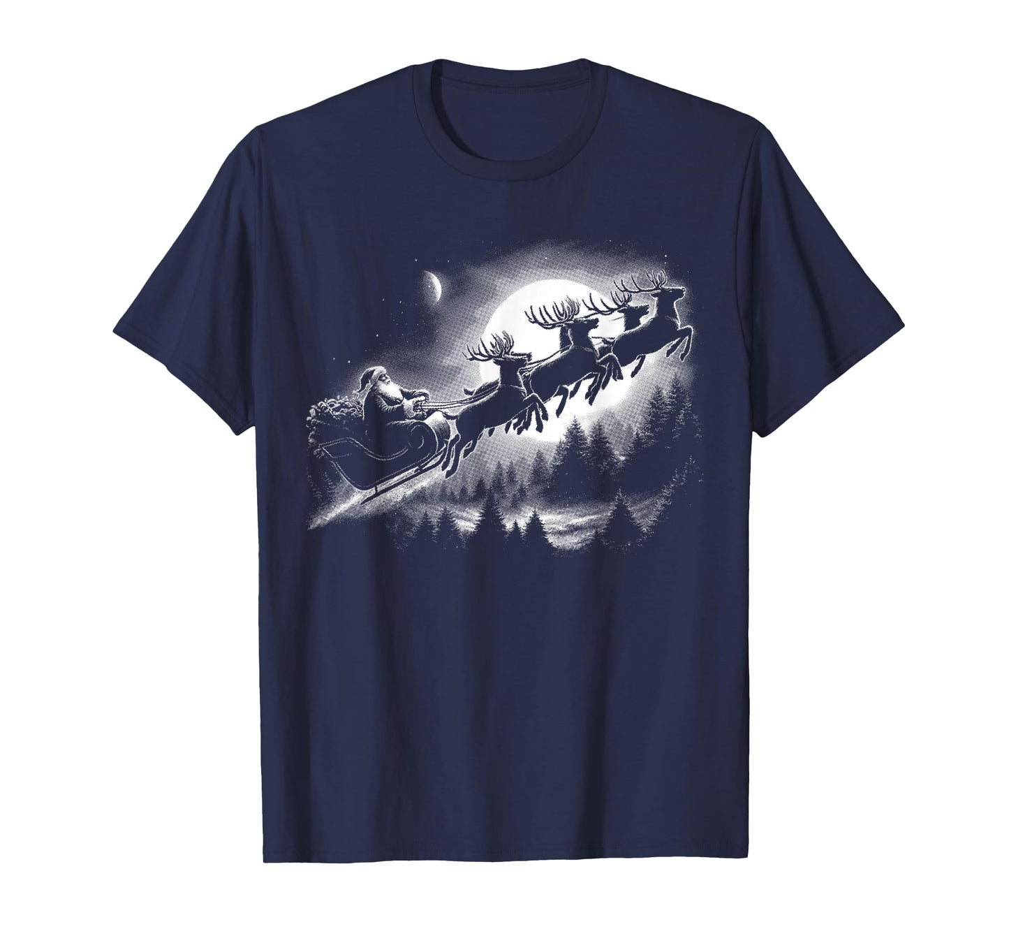 Vintage Santa Sleigh Flying Over Forest Christmas Reindeer T-Shirt