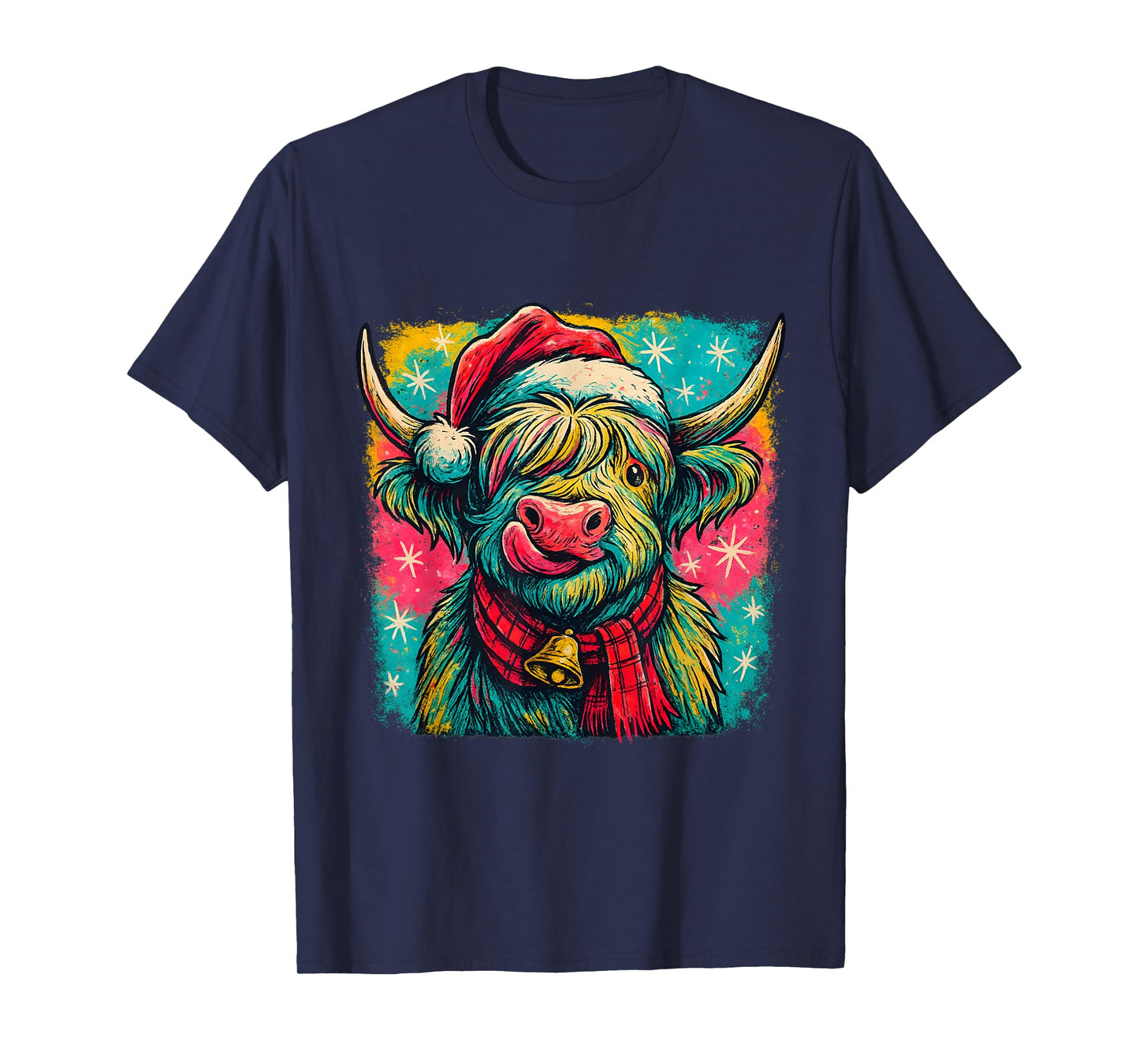 Colorful Highland Cow Christmas Plaid Bell Holiday Art T-Shirt