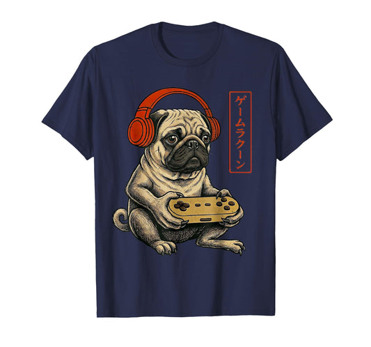 Japanese Gamer Pug Dog Art Men Women Boys Funny Gaming T-Shirt